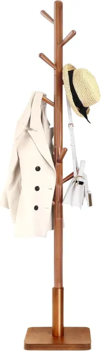 Solid Wood Free-Standing Coat Rack — 8 Hooks, 3 Height Settings